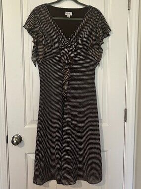 Vintage Y2K JBS Ltd Brown Cream Polka Dot Midi Dress Size 16 Cottagecore Flutter